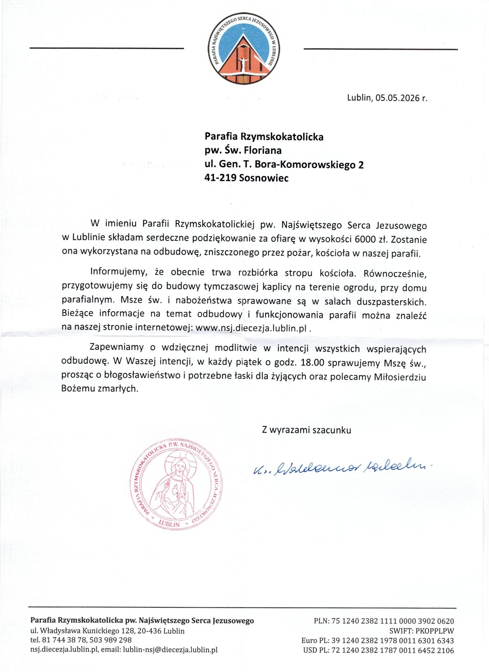 Podziękowanie z parafii z Lublina